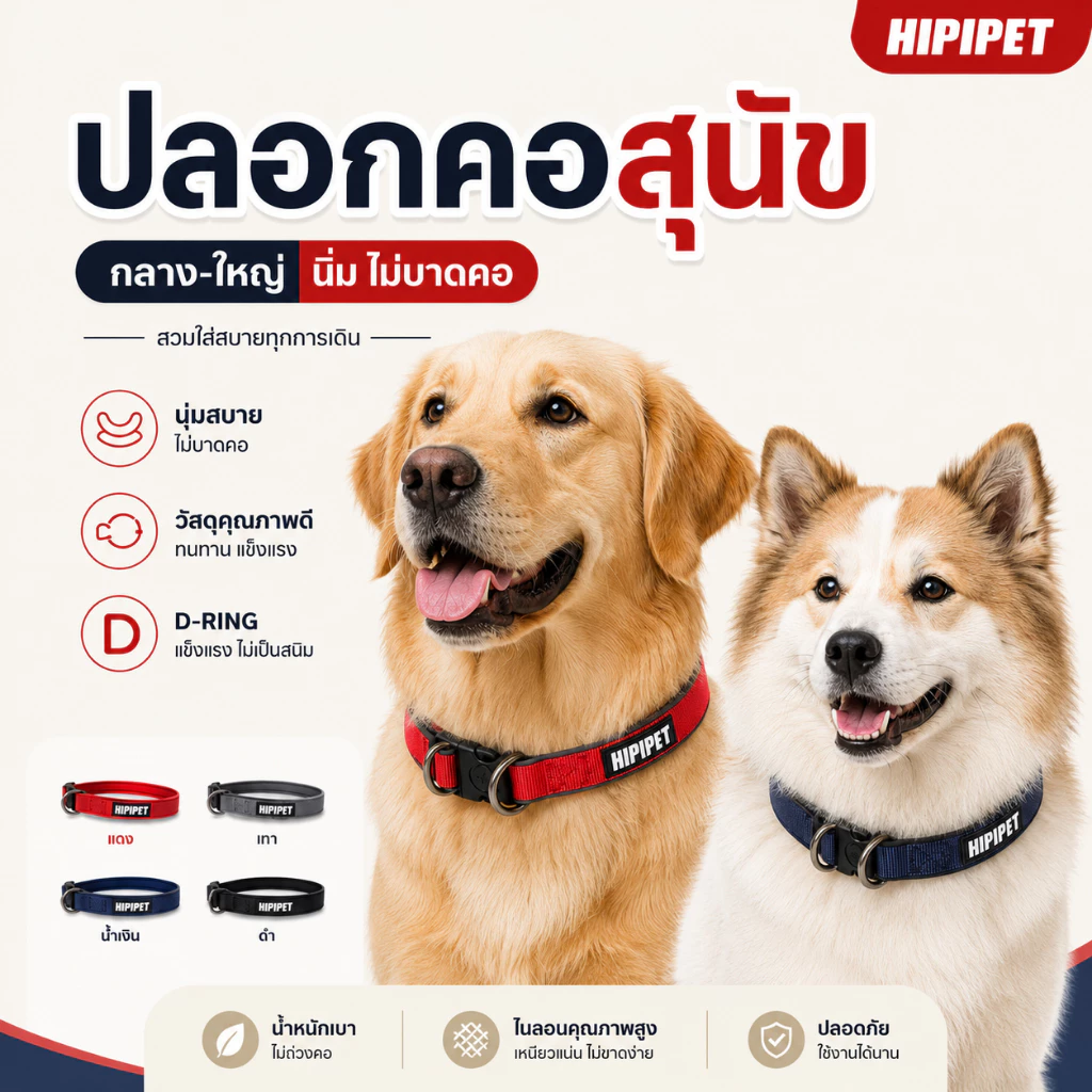 HIPIPET ปลอกคอสุนัขกลาง-ใหญ่ มีสะท้อนแสงเวลากลางคืน