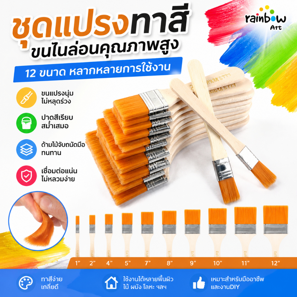 แปรงทาสี แปรงแบนด้ามไม้ 12 ขนาด พู่กัน หัวแบน วัสดุไนลอนคุณภาพสูง เหมาะสำหรับภาพวาดสีน้ำมัน, สีอะคริลิค, ผงน้ำ