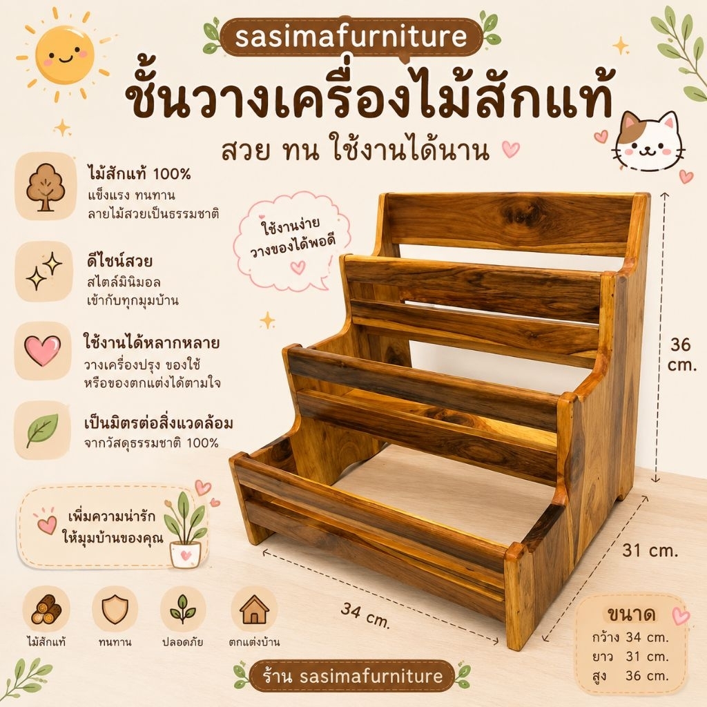ชั้นวางขวด ที่วางเครื่องปรุง ที่วางขวด ชั้นวางของไม้สัก 3ชั้น