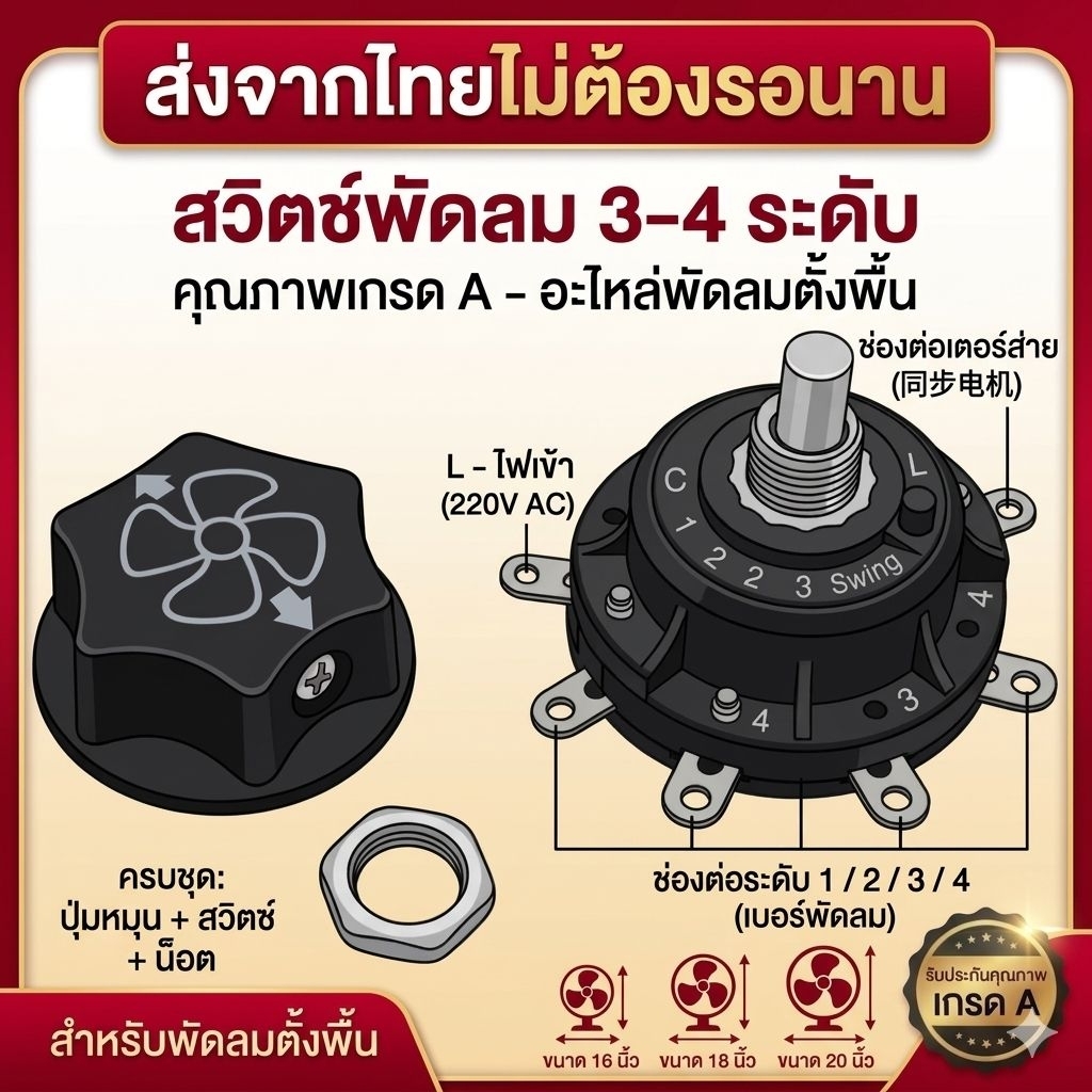 สวิตช์พัดลม 3 เกียร์ 5 ขา / 4 เกียร์ 6 ขา (มีขาต่อมอเตอร์ส่าย) อะไหล่พัดลมตั้งพื้น พัดลมอุตสาหกรรม 16-24 นิ้ว