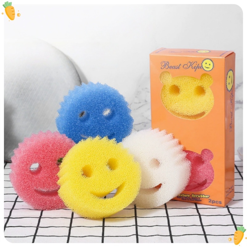 4 PCS ฟองน้ำล้างจานรูปหน้ายิ้ม ฟองน้ำขัดทำความสะอาดอเนกประสงค์