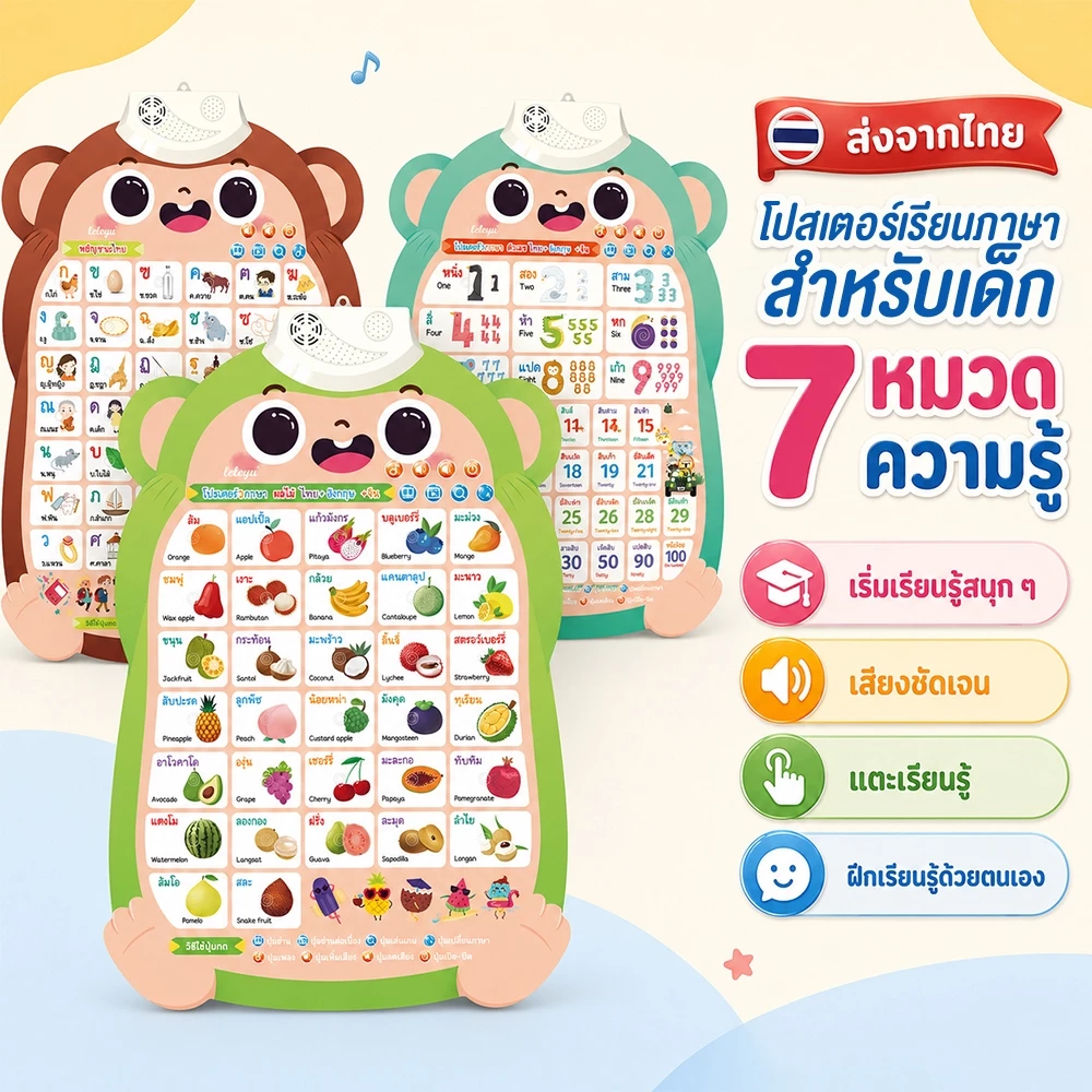 กราฟิกเสียงเด็กปฐมวัย 7 ชุด สระ พยัญชนะ ตัวเลข สัตว์ ผลไม้ หนังสือจิ้มอ่าน ภาษาไทย สำหรับเด็ก 3-5 ปี