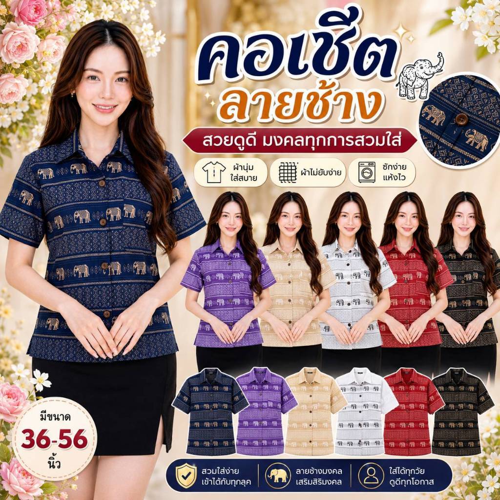 เสื้อคอเซิ้ต - ลายช้าง 6 สี