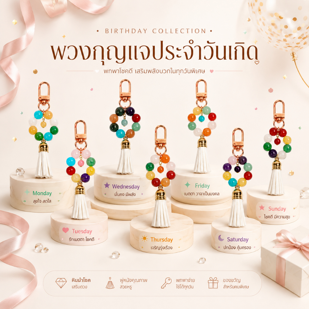 พวงกุญแจหินมงคล พู่ประจำวันเกิด | Birthstone Luck หินแท้ธรรมชาติ เสริมโชคลาภ การงาน ความรัก พกติดตัวได้ทุกวัน