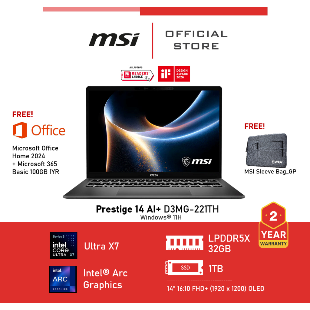 MSI Prestige 14 AI+ D3MG-221TH (Intel® Core™ Ultra X7 processor 358H) Laptop