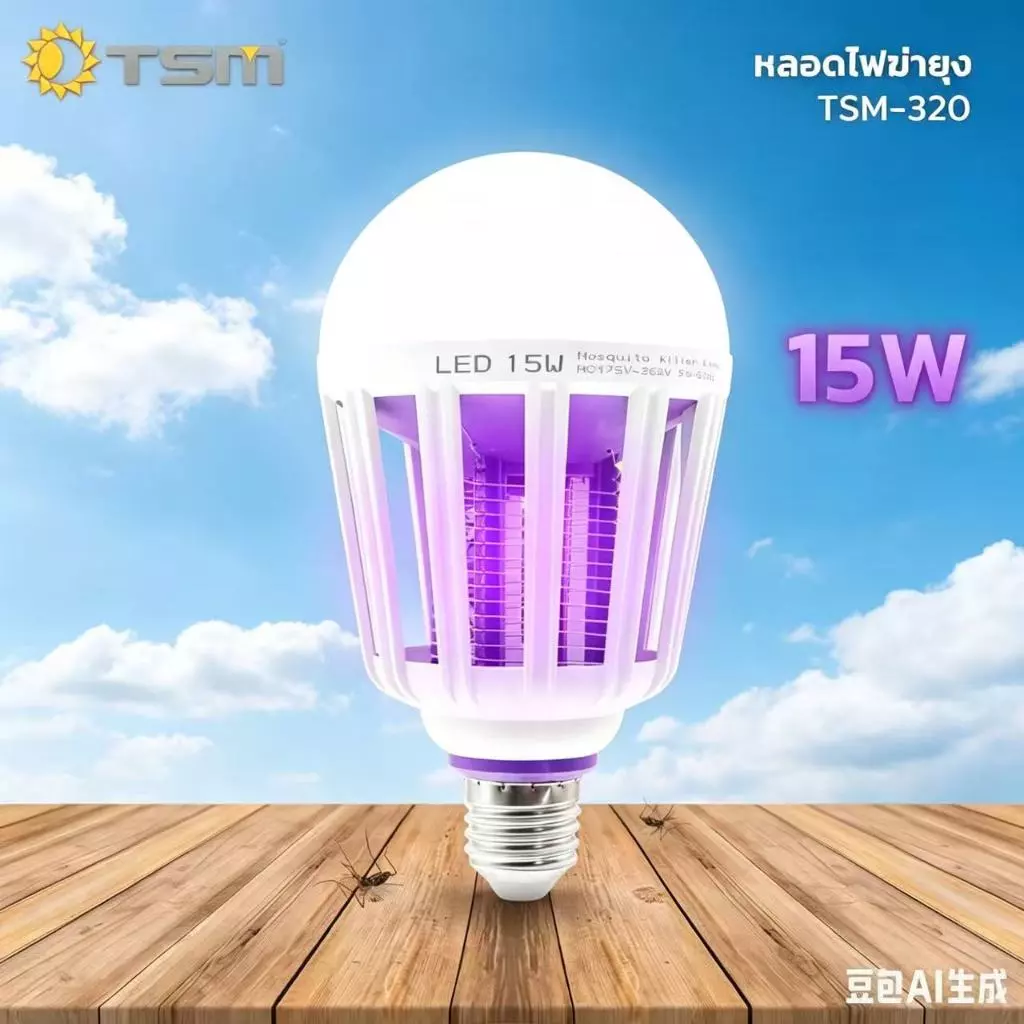 หลอดไฟดักยุง LED 15W แสงไฟสีม่วง ไฟล่อยุง 2in1 ขั้วE27 ปรับได้ 3 โหมด ไฟดักยุง รุ่น TSM-320