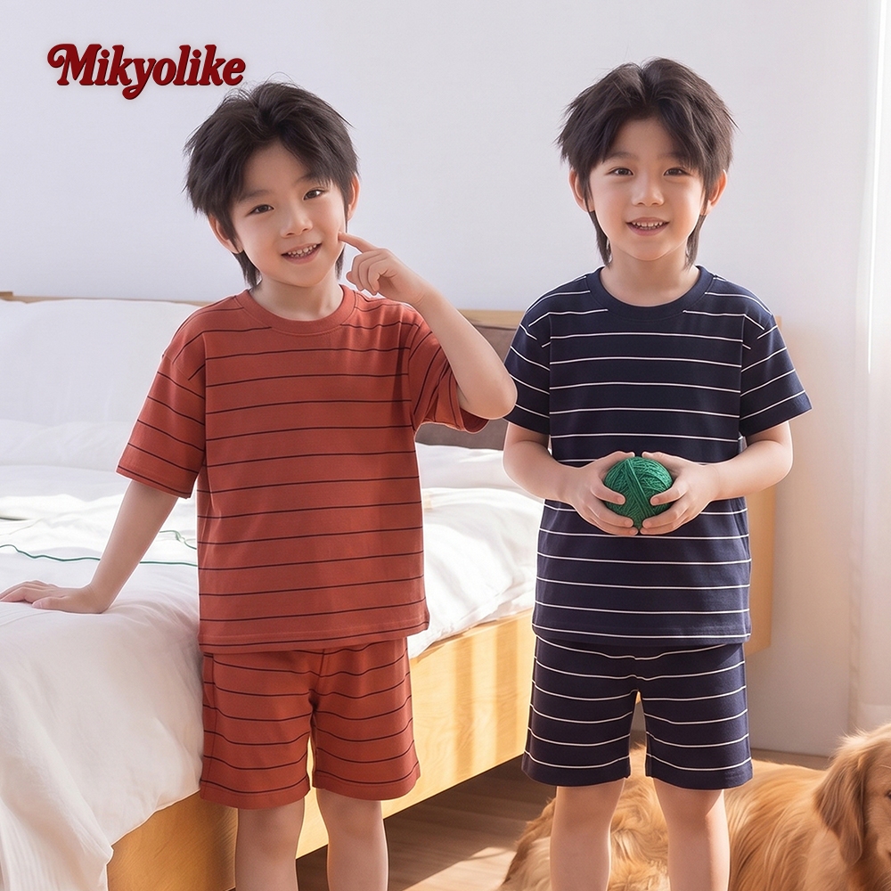 2-12 ปี ชุุดนอน ลายทาง เสื้อ+Pajama Bottoms ชุดเด็ก เรียบๆ คอกลม แขนสั้น กางเกงนอนของเด็ก ผ้าฝ้ายแท้ ผ้าหนุ่ม ใสสบาย