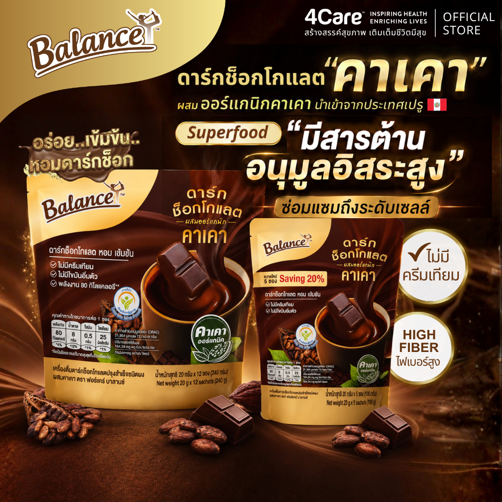 [6 ถุง 72ซอง] 4Care Balance ดาร์กช็อกเข้มข้นคาเคาออร์แกนิคแท้นำเข้าจากเปรู หวานน้อย