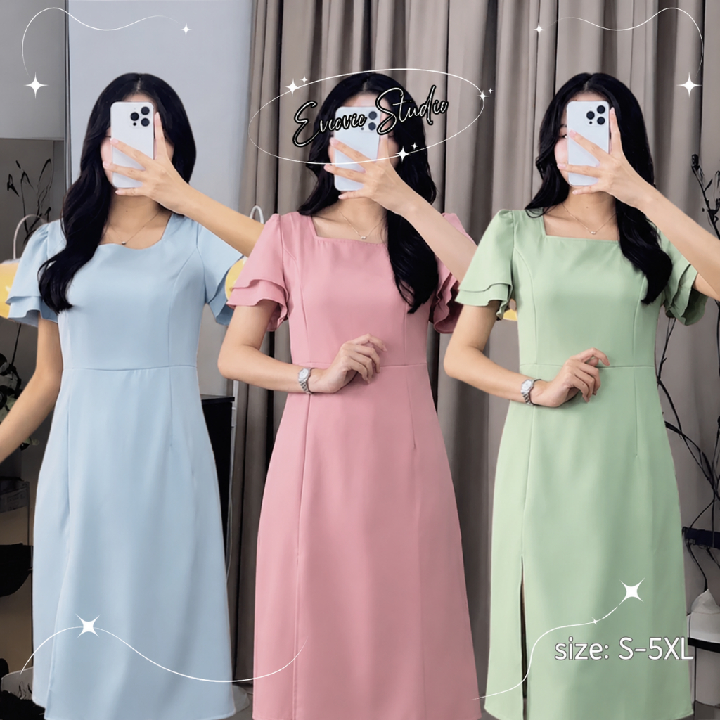 【EVIOVIO】S-5XL เดรสยาว แฟชั่น สีพื้น คอเหลี่ยม แขนเลเยอร์ เดรสทำงาน ออกงาน สำหรับสาวอวบ พลัสไซส์