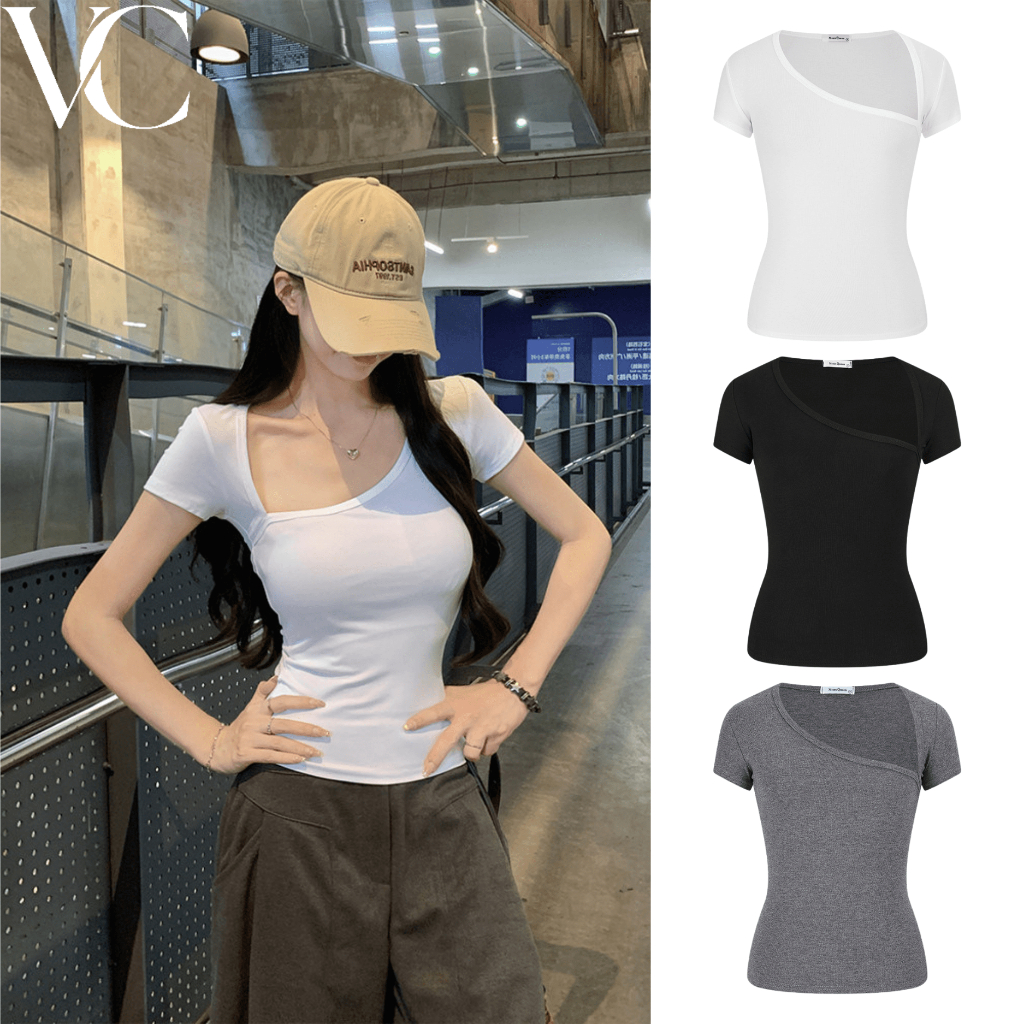 เสื้อผู้หญิงไหล่เฉียง แขนสั้น ทรงเข้ารูป ดีไซน์เก๋ สไตล์แฟชั่น สีสันสดใส ใส่เที่ยว ใส่ทำงาน แมทช์ง่าย Z19