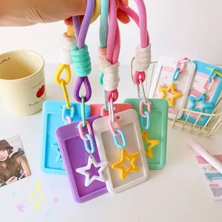 ซองใสนามบัตรพลาสติก พวงกุญแจเชือกถัก ลายดาว⭐สีพาสเทล ใส่บัตร/รูปถ่าย พกง่าย 💖LS-1205