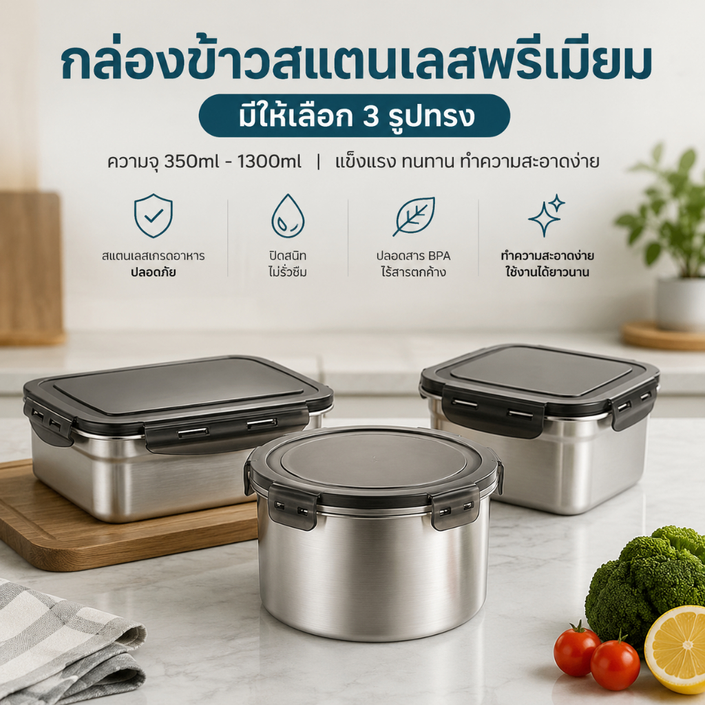 【พร้อมส่ง】 กล่องใส่อาหารสแตนเลสพรีเมียม ปิดสนิทไม่รั่วซึม ปลอดสาร BPA แข็งแรงทนทาน มี 3 รูปทรง