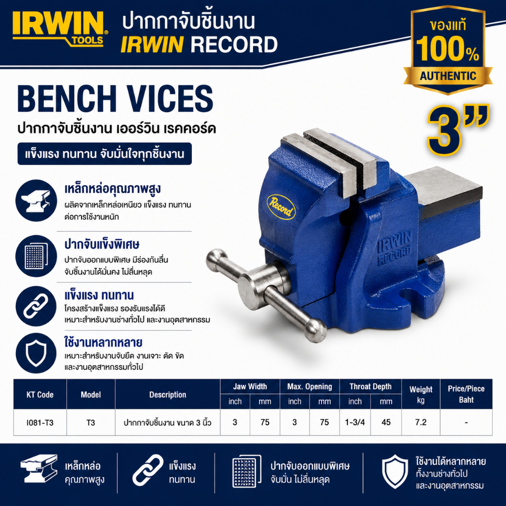 RECORD (IRWIN) ปากกาจับชิ้นงาน,ปากาจับเหล็ก 3 นิ้ว ของแท้ 100% ถูกที่สุด++++++