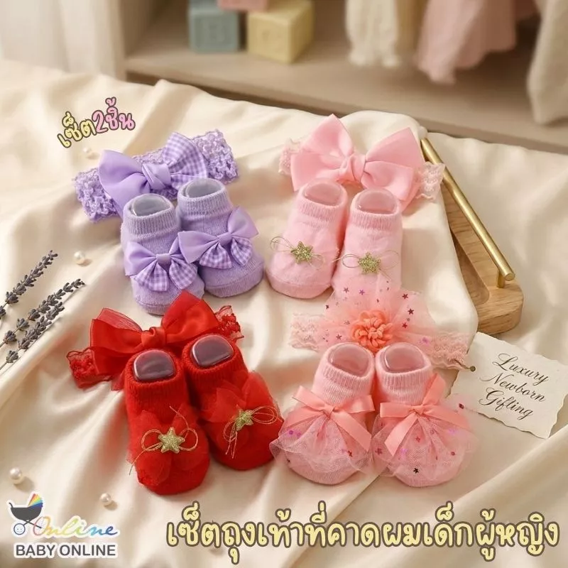 Babyonline(Y147)J3 K4 (ส่งด่วน1วัน)ชุดเซ็ตถุงเท้าพร้อมโบว์คาดผมเด็กแรกเกิด ผ้าฝ้าย นิ่ม ระบายอากาศ