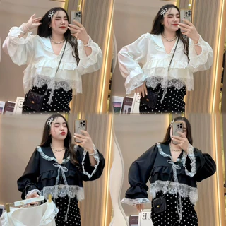 🧡SETเสื้อเชิ้ตอลังปลายลูกไม้(ท2)+กางเกงจุด(ว7)(มีแยกเสื้อกับยกเซ็ต)🧡#สาวอวบ