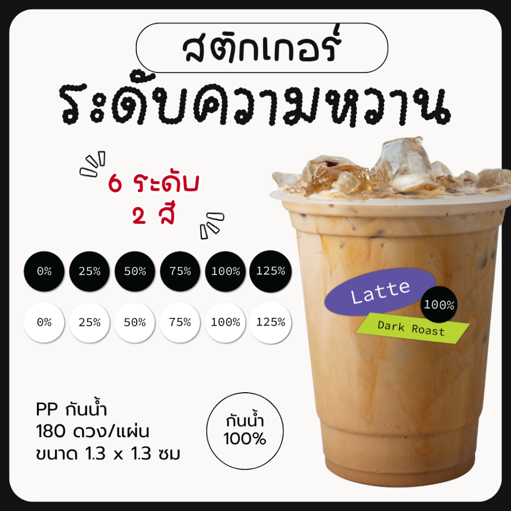 สติกเกอร์ระดับความหวาน ติดเครื่องดื่ม ร้านกาแฟ ชา กันน้ำ 100% 180ดวงต่อแผ่น