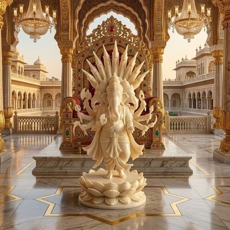 พระพิฆเนศ​ 3​ เศียร​ 8​ กร​ มีพระยานาคปรก​ 9​ เศียรปางตรีมุขคณปติประทานพร ทรงมกาเศรษฐีมีตราโอมมหาแห่งความสำเร็จ