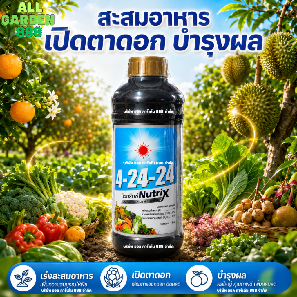 นิวทริกซ์ 4-24-24 1 ลิตร ดวงตะวันเพชร ปุ๋ยน้ำสะสมอาหาร ช่วยเร่งการออกดอก เพิ่มช่อดอก ช่วยขยายขนาดผล บำรุงผล เพิ่มน้ำหนัก