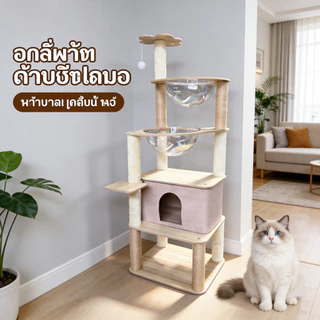 โครงปีนป่ายสำหรับแมว 4 ชั้นนี้ มีแคปซูลใส 2 อัน และที่นอนแมวทำจากผ้าสักหลาด เหมาะสำหรับบ้านที่มีแมวหลายตัว ชั้นบนสุดมีลู