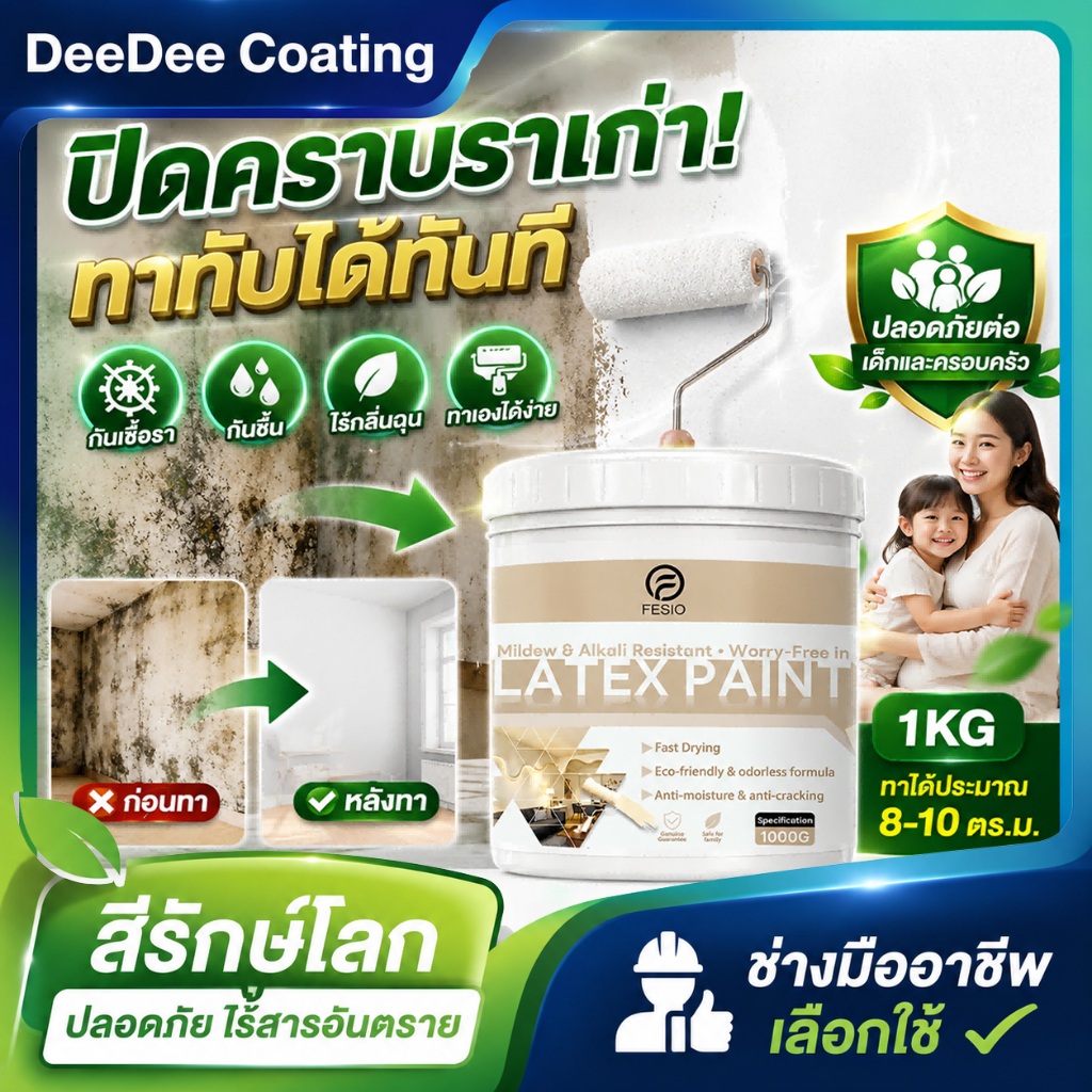 Coating สีทาผนัง กันเชื้อรา กันน้ำ สีลาเท็กซ์พรีเมียม แห้งไว ไร้กลิ่น ปิดคราบดี ทาภายในภายนอก 1 ลิตร 1000G