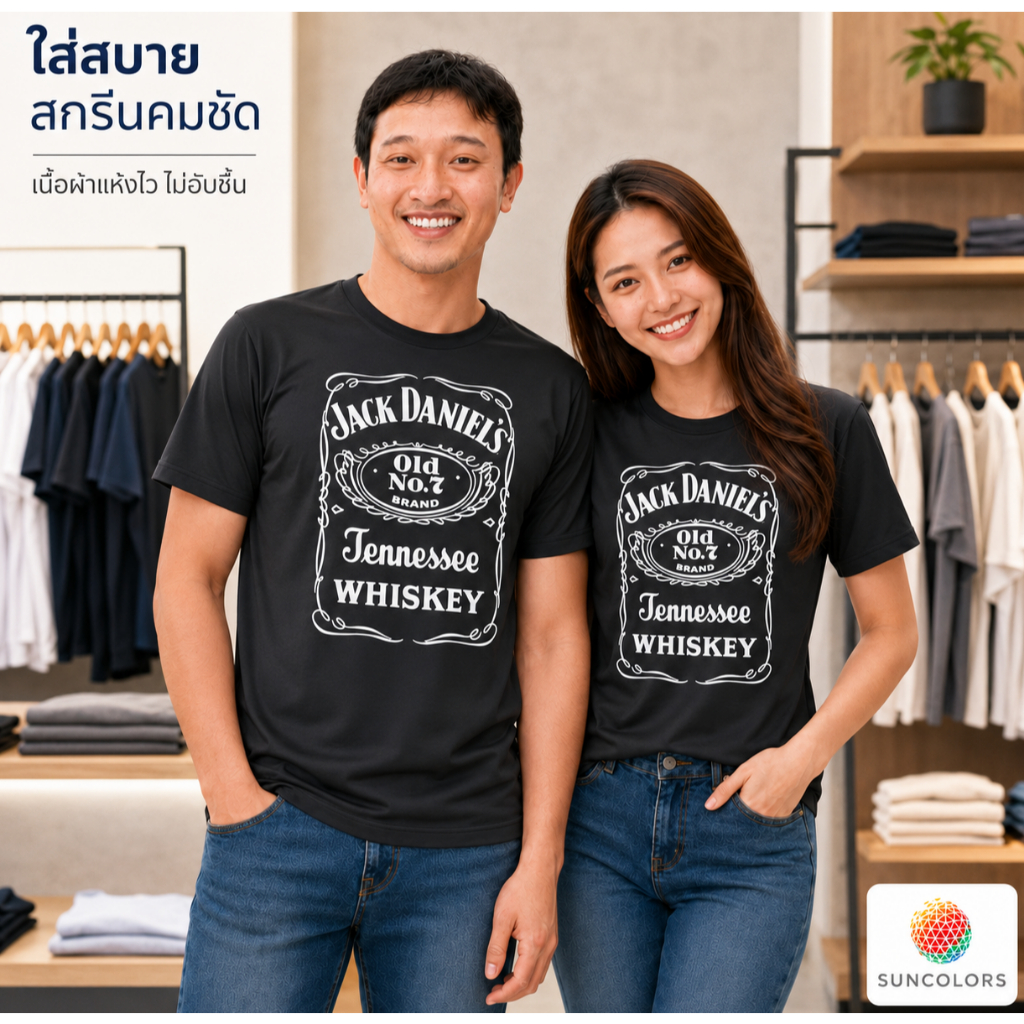 เสื้อยืดคอกลมลายกราฟิกวินเทจ Jack Daniel สีดำ เสื้อกีฬา Unisex ผ้าไมโครโพลีเอสเตอร์ ไซส์ S-2XL Suncolor