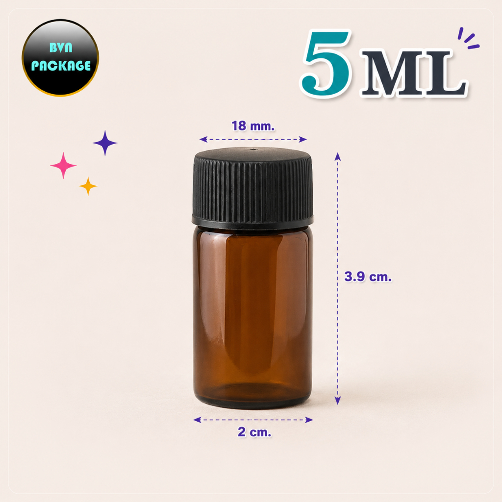 ขวด 5 มล. 5 ml. (50ใบ) ขวดแก้ว ใส สีชา + จุก+ฝาพลาสติกมีเดือย / ขวดแก้วเล็ก ขวดจิ๋ว ขวดพกพา ขวดใส่น้ำมันหอมระเหย