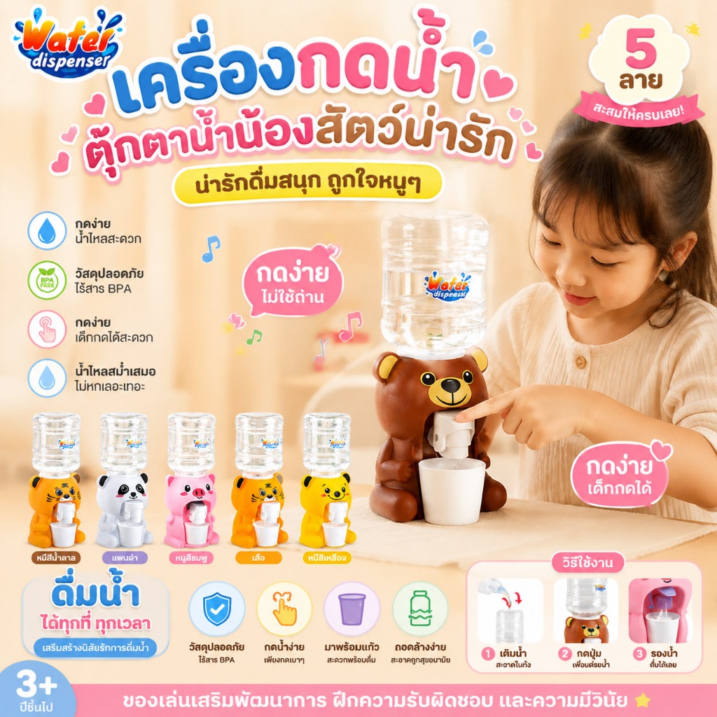 เครื่องกดน้ำจิ๋วรูปสัตว์ 5แบบ หมี/เสือ/แพนด้า/หมูสีชมพู/สุนัขเหลือง วัสดุปลอดภัยไร้สาร BPAของเล่นเสริมพัฒนาการ