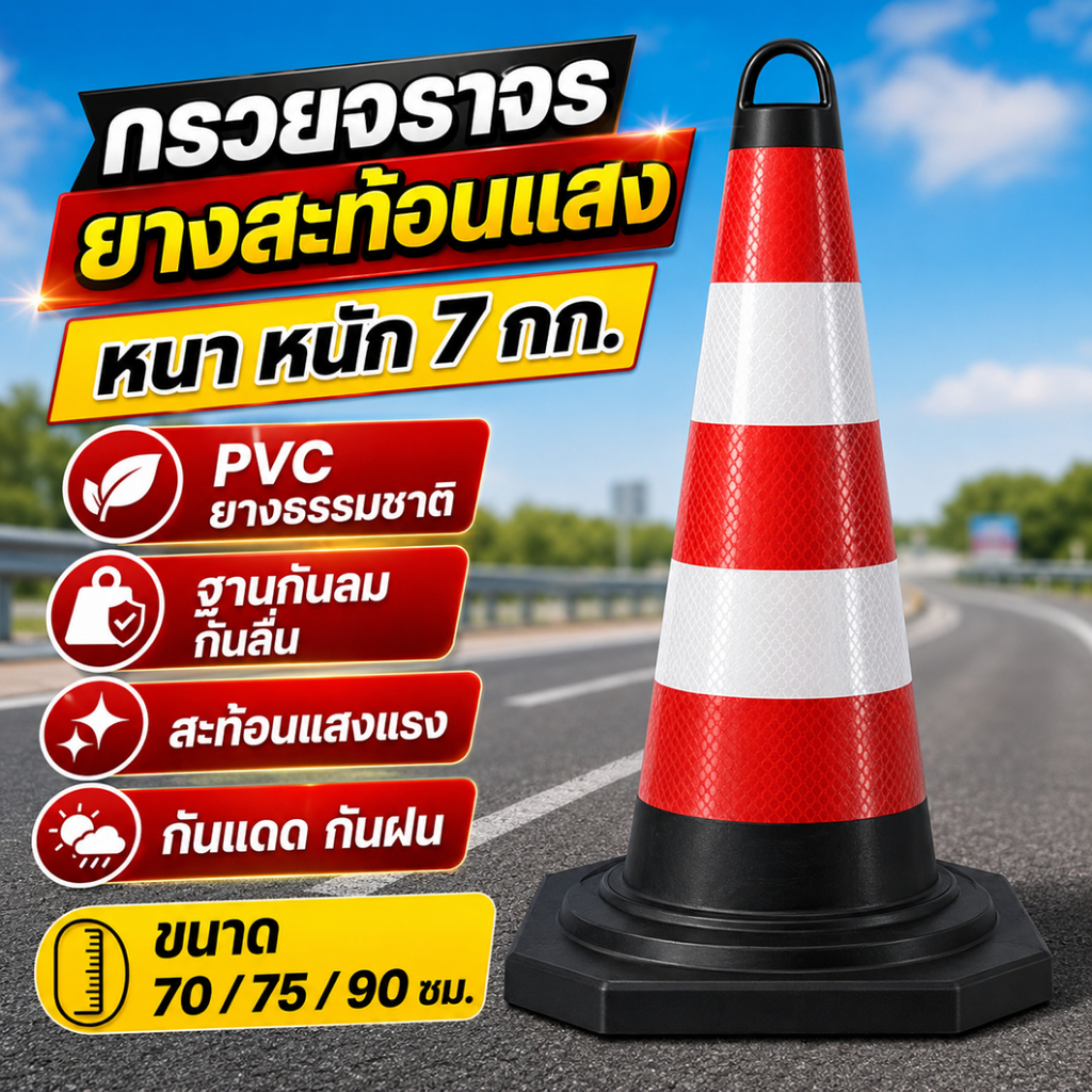 กรวยจราจร PVC พร้อมแถบสะท้อนแสง สีไม่ซีด ทนต่อการเฉี่ยวชน กรวยสะท้อนเเสง กรวยฉุกเฉิน ขนาด 70/90 ซม.