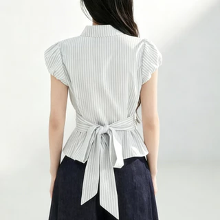 เสื้อเชิ้ตแขนสั้น แขนพอง สายรัดทรงรัดเอว ลายทางบาง สไตล์เกาหลี ใส่ได้ทุกชุด