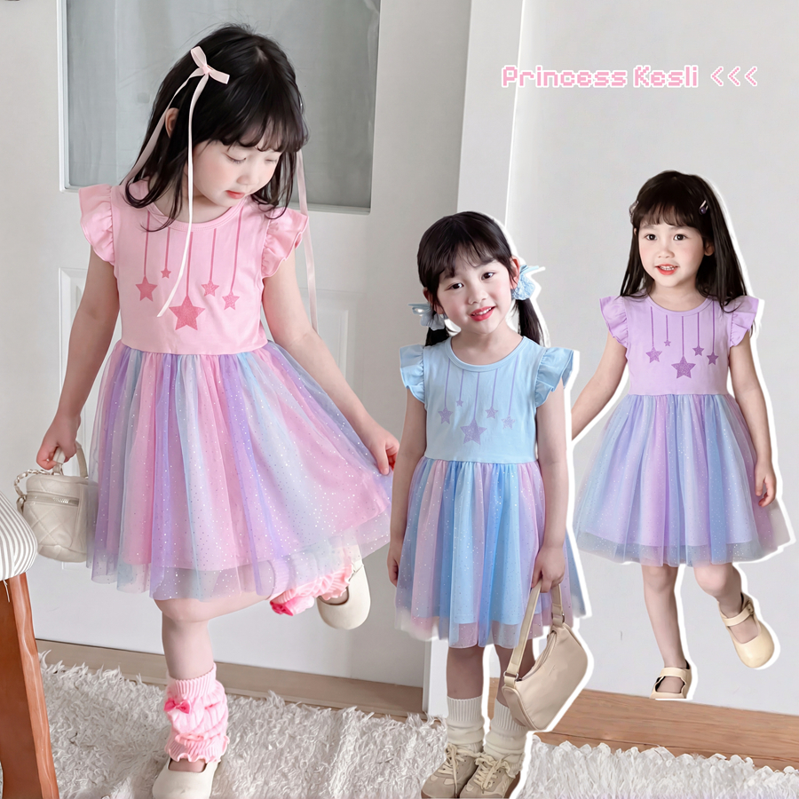 PRINCESS KESLI 1-12 ปี เดรสเด็กผู้หญิง ชุดเจ้าหญิง ชุดเด็ก สไตล์น่ารัก แขนกุด ผ้าทูลล์ านุ่มใสสบายฯ แฟชั่นฤดูร้อนเด็ก