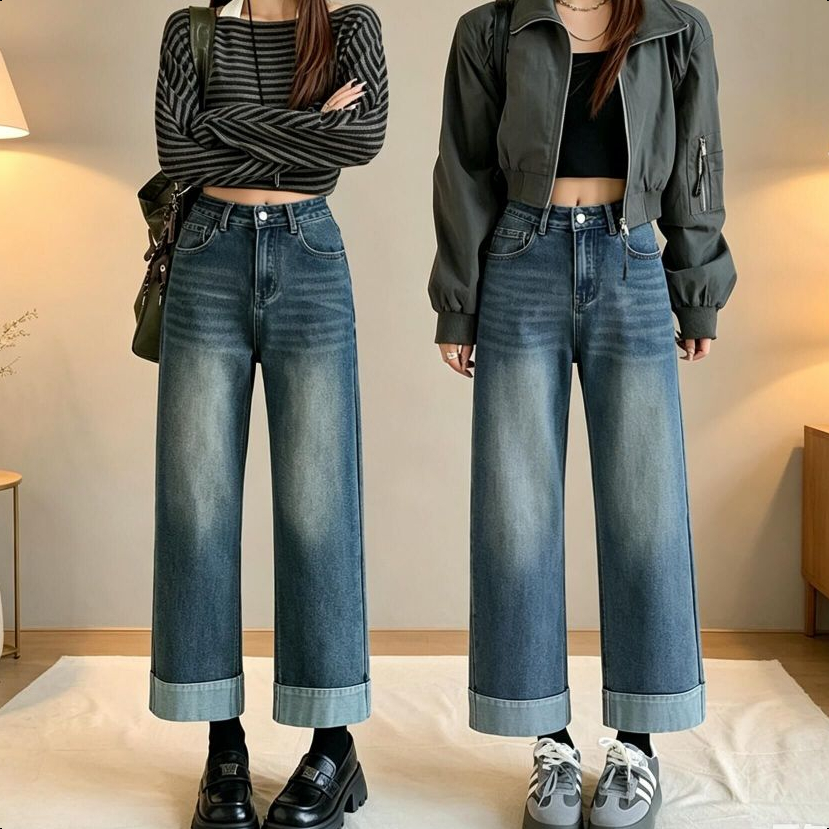 Aurae  👖✨ วินเทจล้างกางเกงยีนส์ตรงผู้หญิงเอวสูงตรงพอดีหลวมทำกางเกงสีฟ้าเก่า