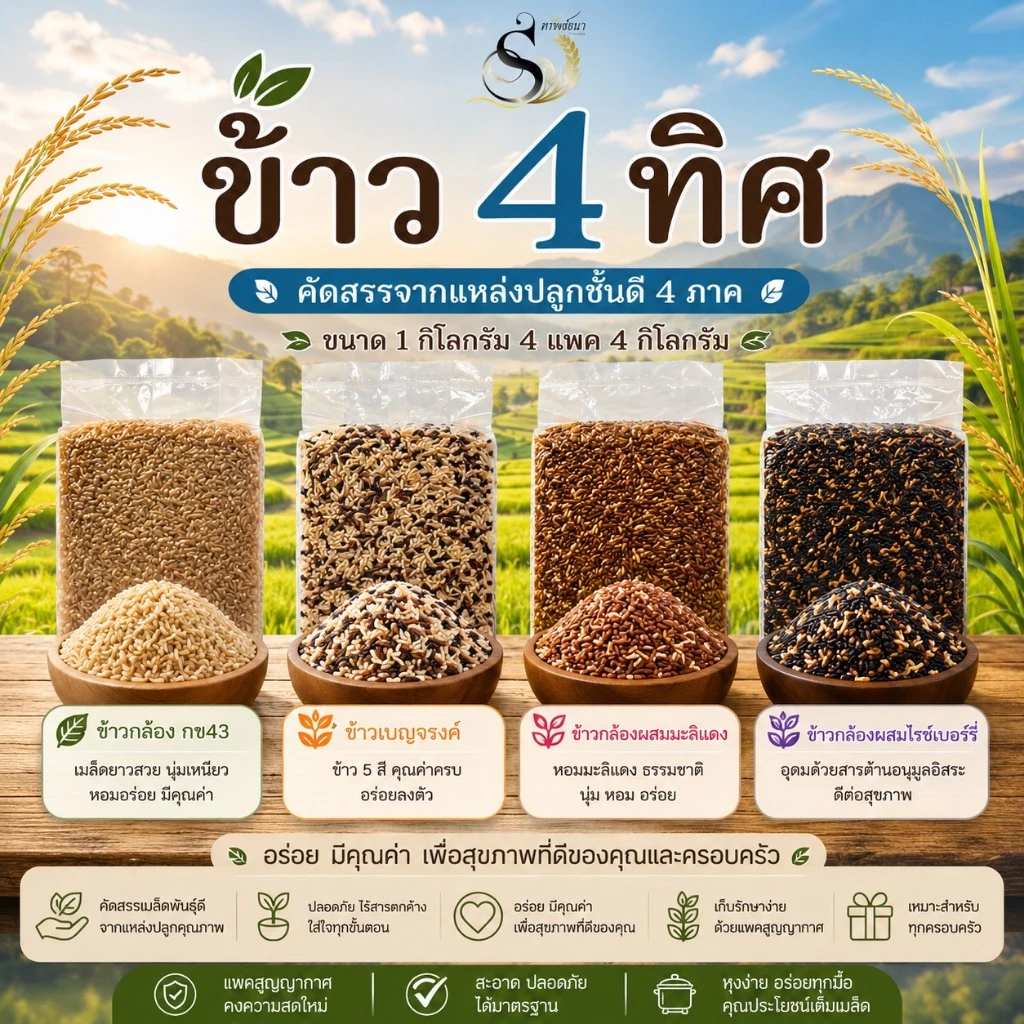 [ ส่งฟรี ] ข้าว4ทิศตราทรัพย์ธนา ขนาด4กิโลกรัม ถุงสุญญากาศ เก็บได้นาน