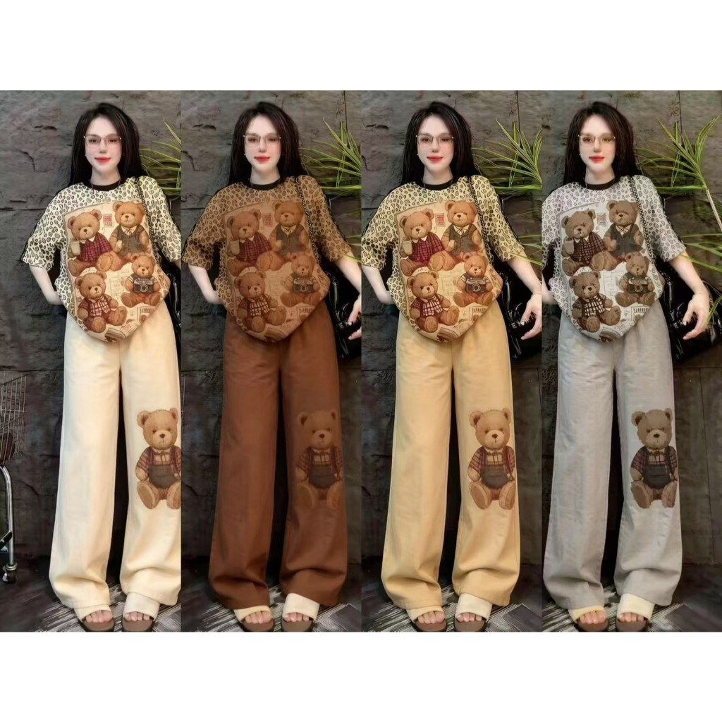 SGH0284 ชุดเซ็ตเสื้อยืดแขนสั้นลายหมี + กางเกงขายาวลายหมี สไตล์วินเทจ 2 ชิ้น