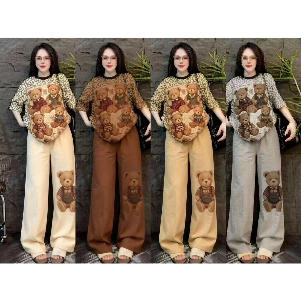 SGH0284 ชุดเซ็ตเสื้อยืดแขนสั้นลายหมี + กางเกงขายาวลายหมี สไตล์วินเทจ 2 ชิ้น