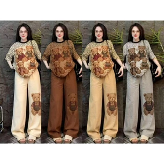 SGH0284 ชุดเซ็ตเสื้อยืดแขนสั้นลายหมี + กางเกงขายาวลายหมี สไตล์วินเทจ 2 ชิ้น