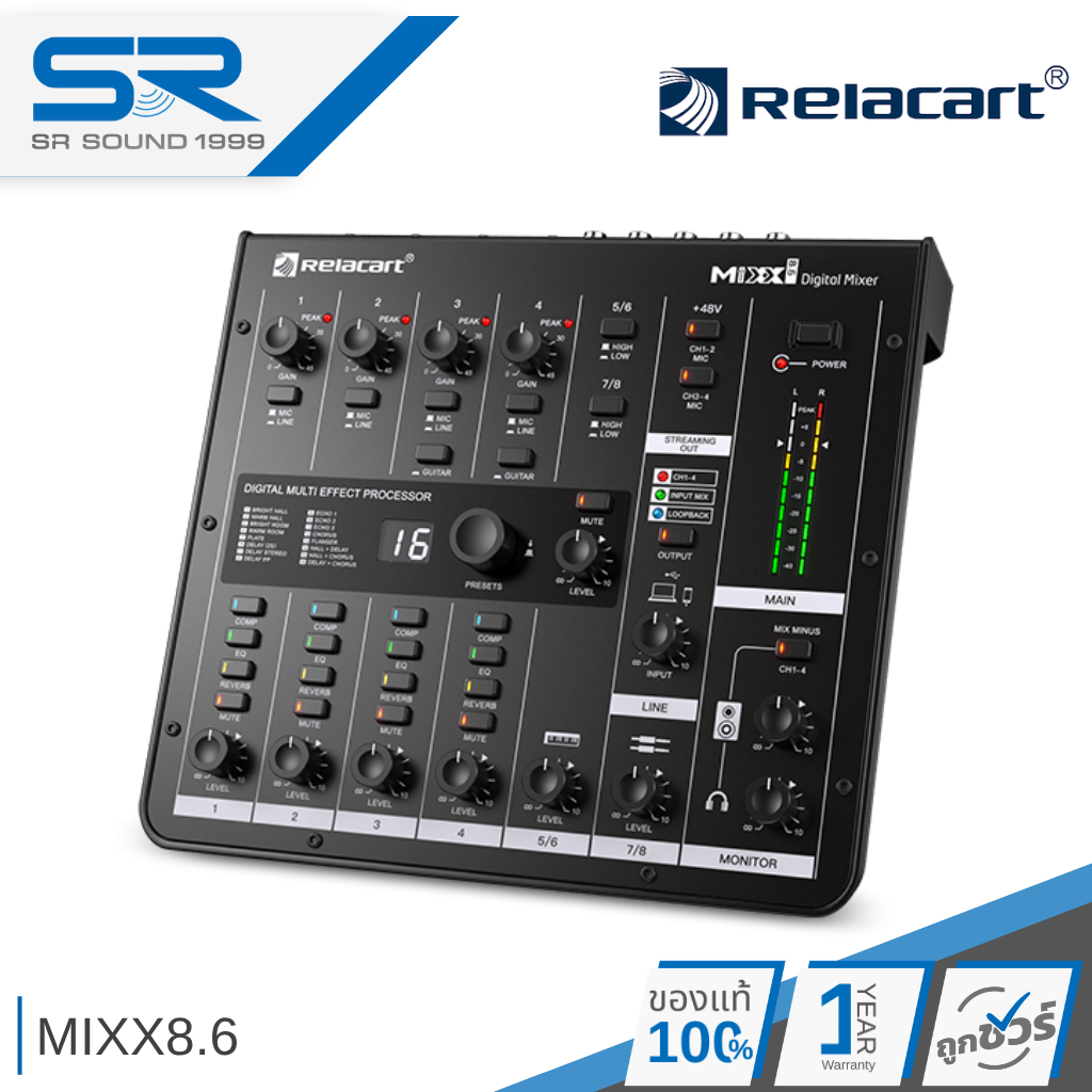 RELACART MIXX8.6 Digital Mixer มิกเซอร์ ดิจิตอล 8CH 16 เอฟเฟค มี USB อินเตอร์เฟส สำหรับการ ถ่ายทอดสด สตรีมมิ่ง MIXX 8.6