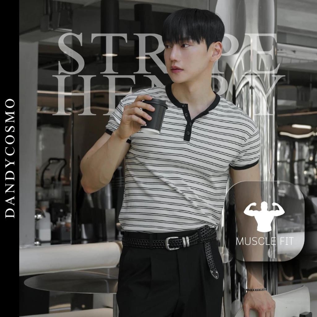 DANDY COSMO | [4สี] Double Stripe Henry Muscle Fit เสื้อคอกระดุม เสื้อหุ่นล่ำ ดีไซน์แถบเส้นคู่ ✖️NO RESTOCK EDITION
