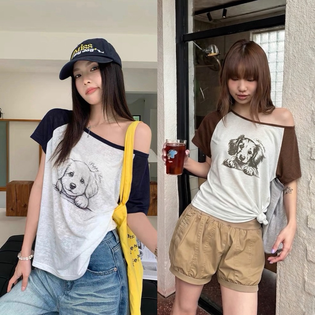 9944# เสื้อแขนสั้น พิมพ์ลายน้องหมา สีทูโทน งานผ้าสลาฟ  เนื้อผ้าดีใส่สบายค่ะ  TAG WG.WE
