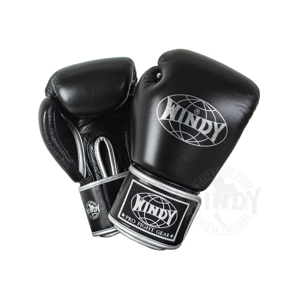 Windy Boxing Gloves Black Silver Leather BGVH-BS นวมชกมวยไทย สีดำเงิน หนังวัวแท้ หนังคัดพิเศษ | Wind