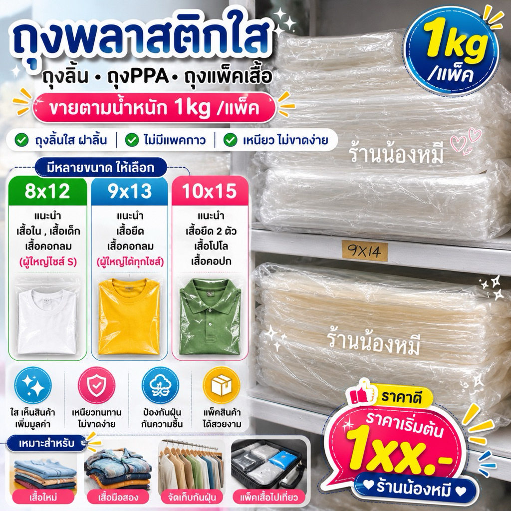 (1kg/แพ็ค) ถุงพลาสติกใส่เสื้อผ้า แพ็คเที่ยว/เสื้อมือสอง/เสื้อใหม่ (ถุงลิ้นใส่เสื้อ ถุงPPA ถุงแพ็คเสื้อ มีหลายขนาด)