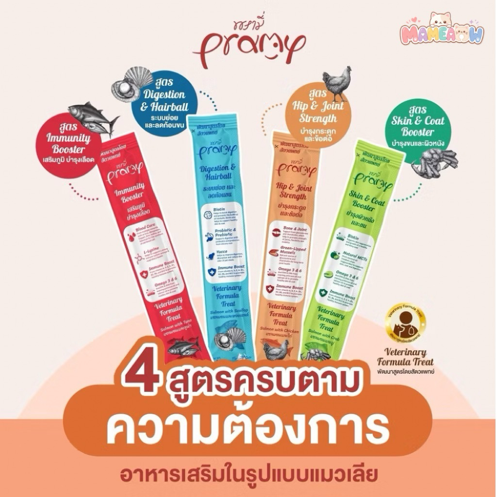 Pramy พรามี่ อาหารเสริมในรูปแบบแมวเลีย พัฒนาสูตรโดยสัตวแพทย์ (ไม่ใส่เกลือ) 14g
