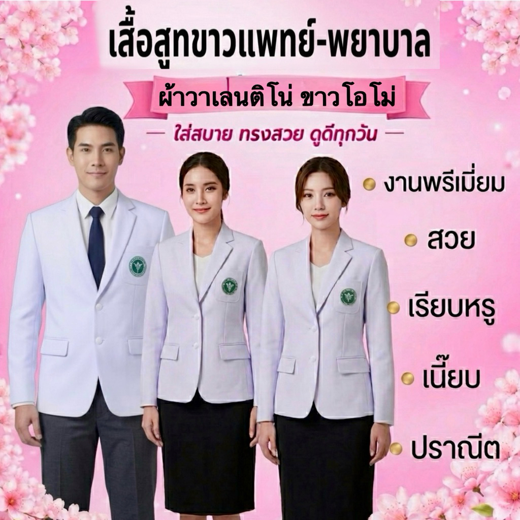 เสื้อสูทขาวคุณหมอ สูทเภสัช ชายและหญิง เกรดพรีเมี่ยม ทรงสูทแท้ ไม่ซับใน ผ้าวาเลนติโน่สีโอโม่ สวยตรงปก##เสื้อสูทขาวคุณหมอ