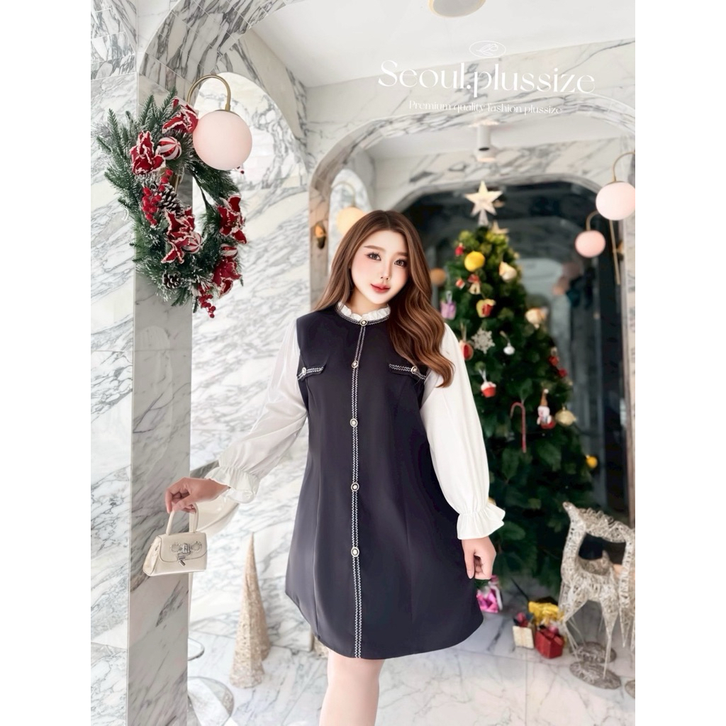 |ส่งด่วน/พร้อมส่ง| Yuri mini dress เดรสบิ๊กไซส์ ทรงคุณหนูน่ารัก แต่งกระดุมกับเทปด้านหน้า อก 40-60“ (SO)