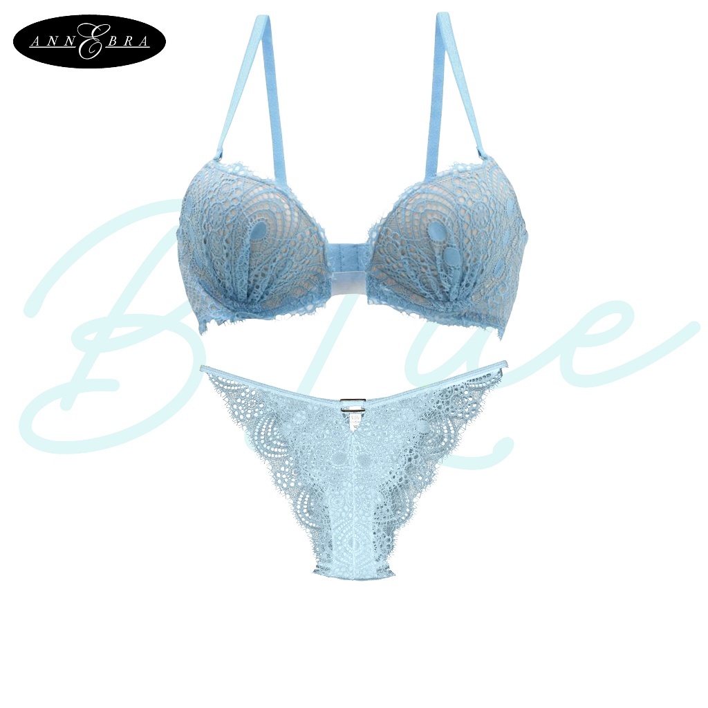 Annebra เซตบรา+กกน. บราเสริมทรง ตะขอหลัง มีโครง มีฟองน้ำ Push Up Bra+Panty SET รุ่น AB1-577/AU3-862 Blue