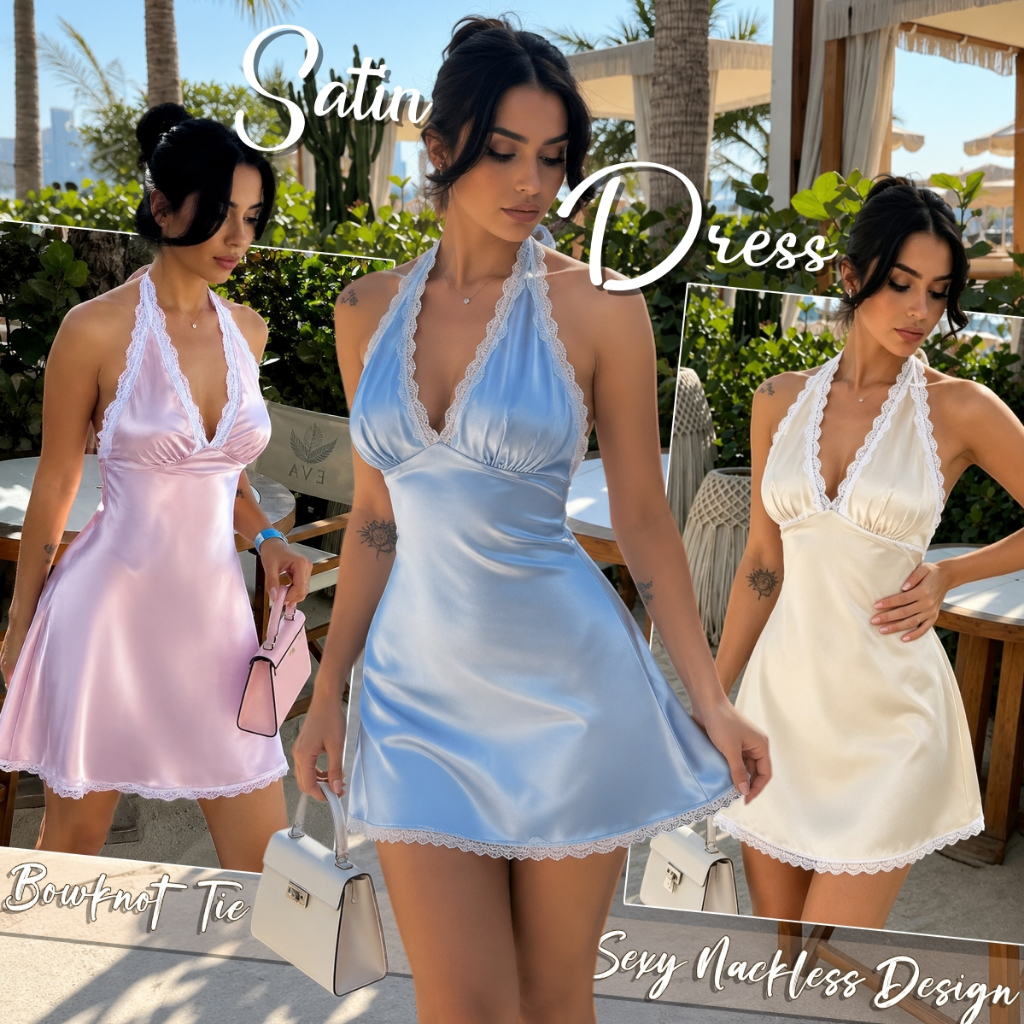 ชุดเดรสผ้าซาติน mini dress คอวีลึก ลูกไม้ เปิดหลัง ผูกเชือก bodycon ห้อยคอ แฟชั่น สีพื้น บริสุทธิ์เร้าใจ COD
