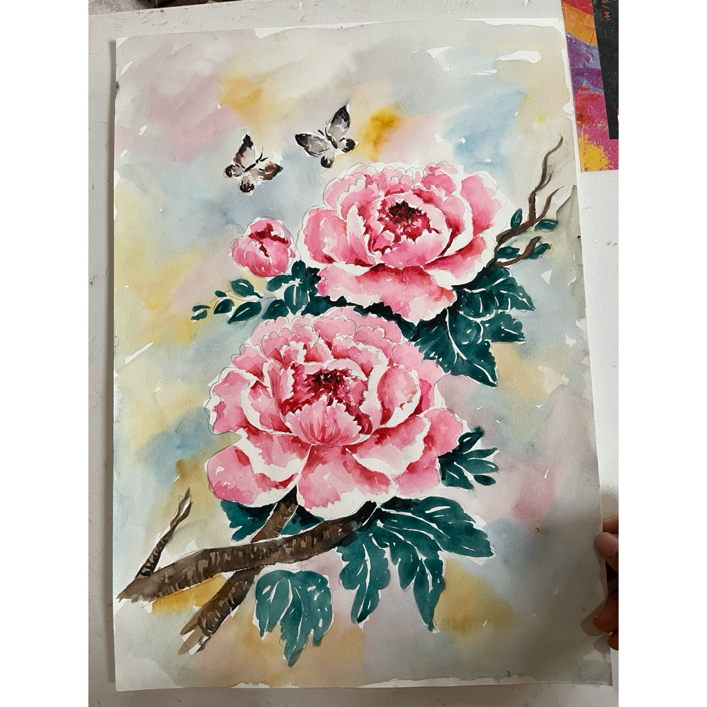 ภาพวาดดอกโบตั๋น สีชมพู ภาพวาดสีน้ำ ขนาดA3/29.7x42cm นำไปใส่กรอบตกแต่งให้สวยงาม เสริมมงคลโชคลาภ