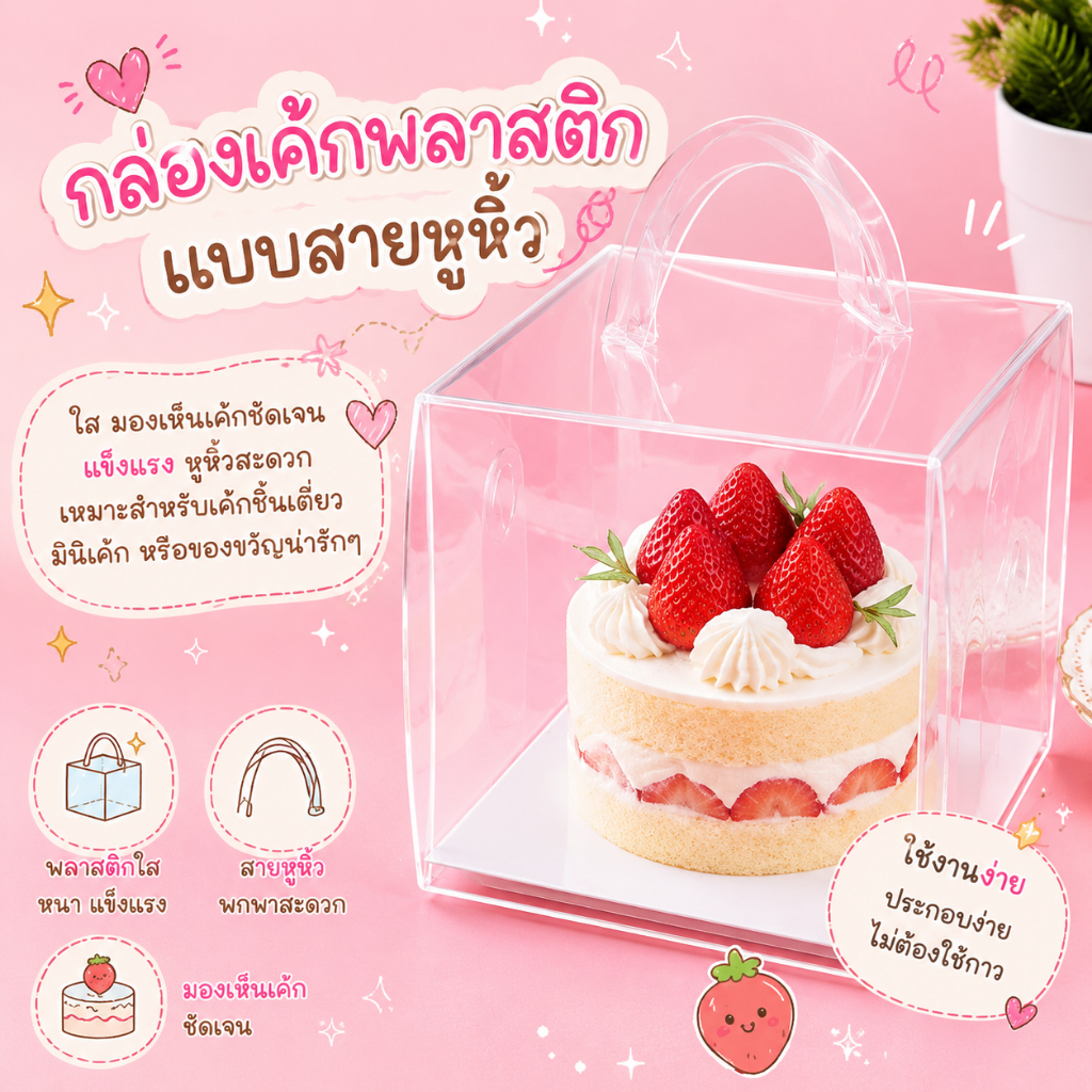 Boxjourney กล่องเค้กพลาสติก แบบสายหูหิ้ว (5 ชิ้น/แพ็ค)