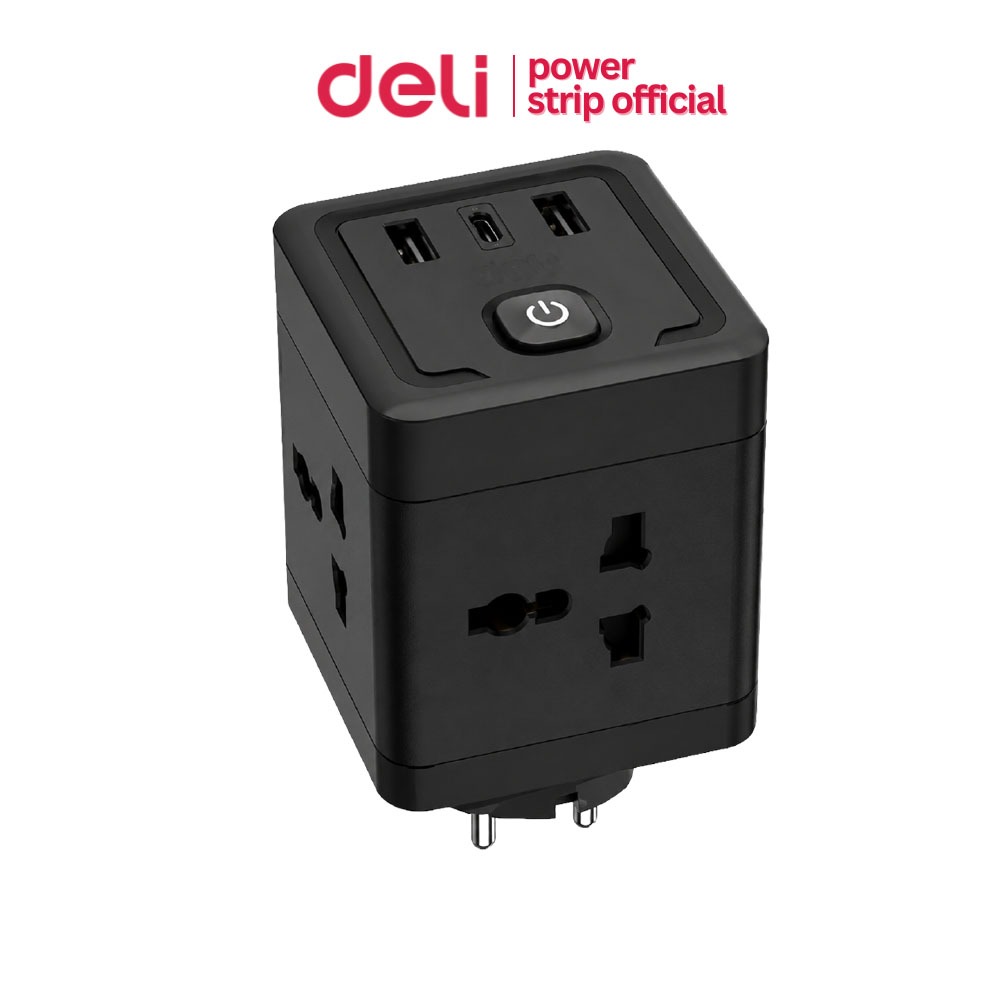 Deli หัวแปลงปลั๊กสากล อแดปเตอร์แปลง สองขากลม มีสวิซต์เปิด-ปิด ช่องเสียบ USB-A / C Socket USB Adapter