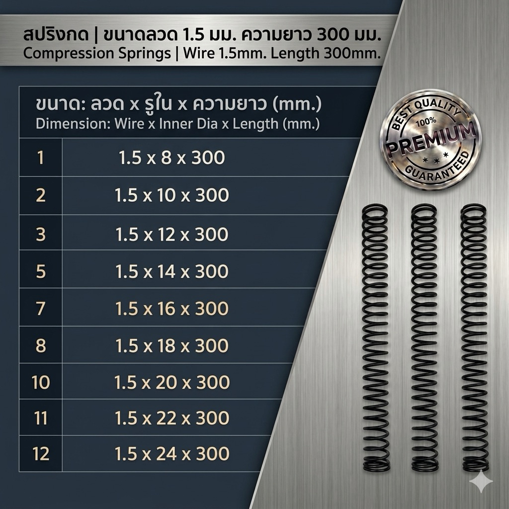สปริงกด สปริงดัน ขนาดลวด 1.5 มม. (รูใน 8-24 มม.) ยาว 300 มม. เหล็กเหนียวเกรดพรีเมียม แข็งแรงทนทาน