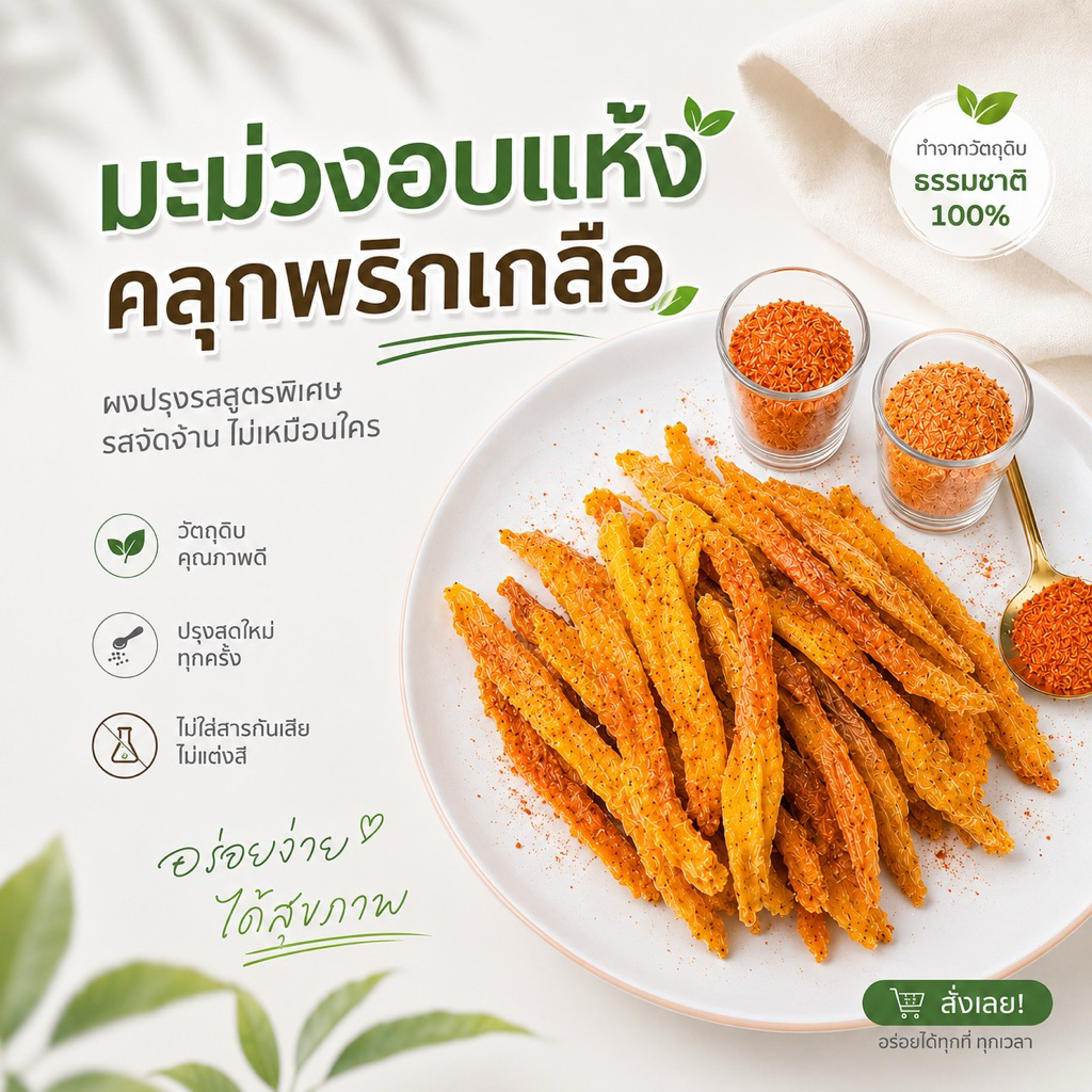 มะม่วงอบแห้งคลุกพริก  รสชาติหวานอมเปรี้ยว  เนื้อสัมผัส หนึบ นุ่ม เคี้ยวเพลิน (250กรัม